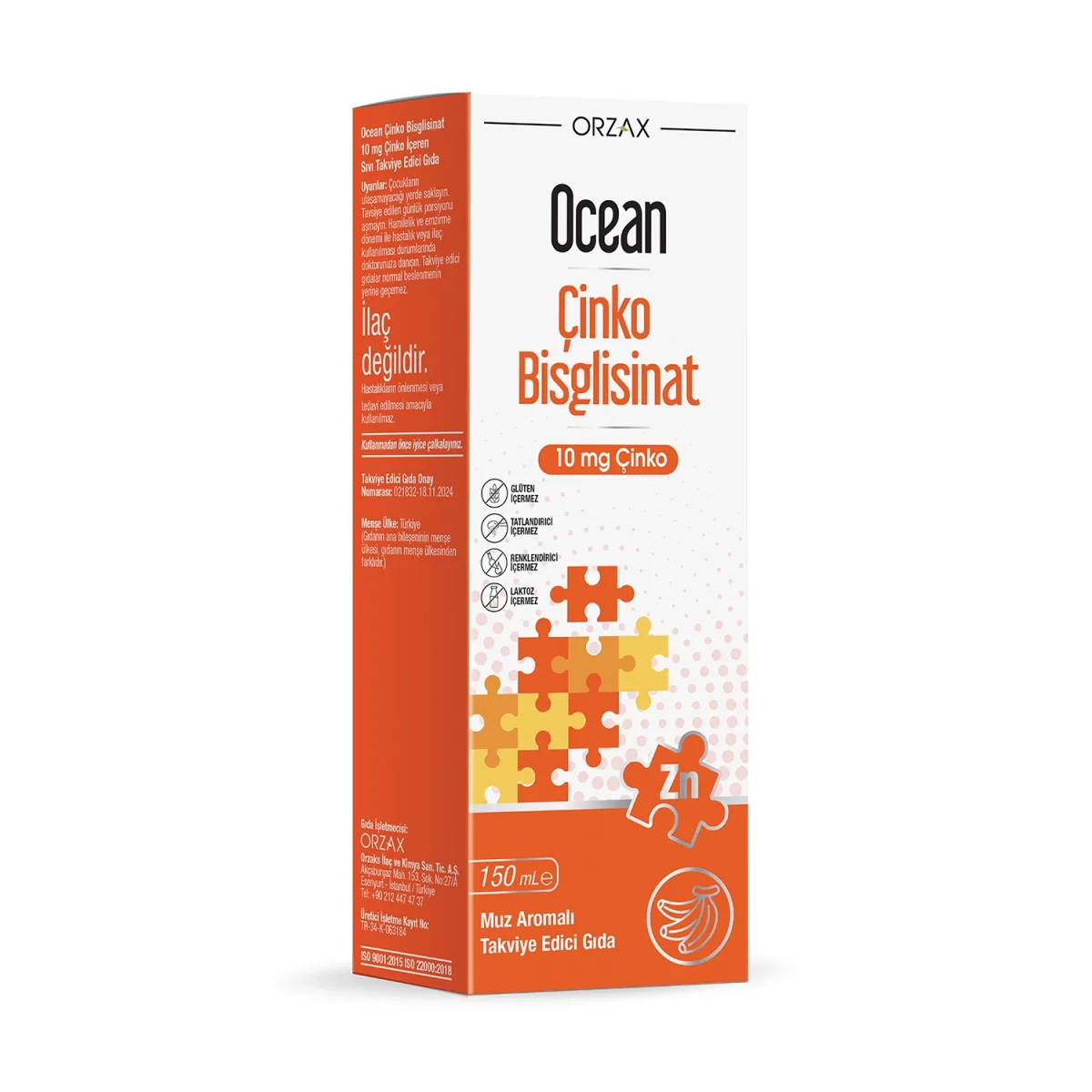 Orzax Ocean Çinko Bisglisinat 10 mg 150 ml - Muz Aromalı